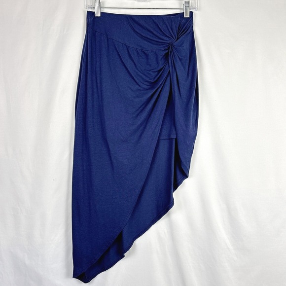 ASTR Navy Blue Asymmetrical Ruched Drape Skirt Women's Large Trendy Chic Evening - Picture 2 of 13
